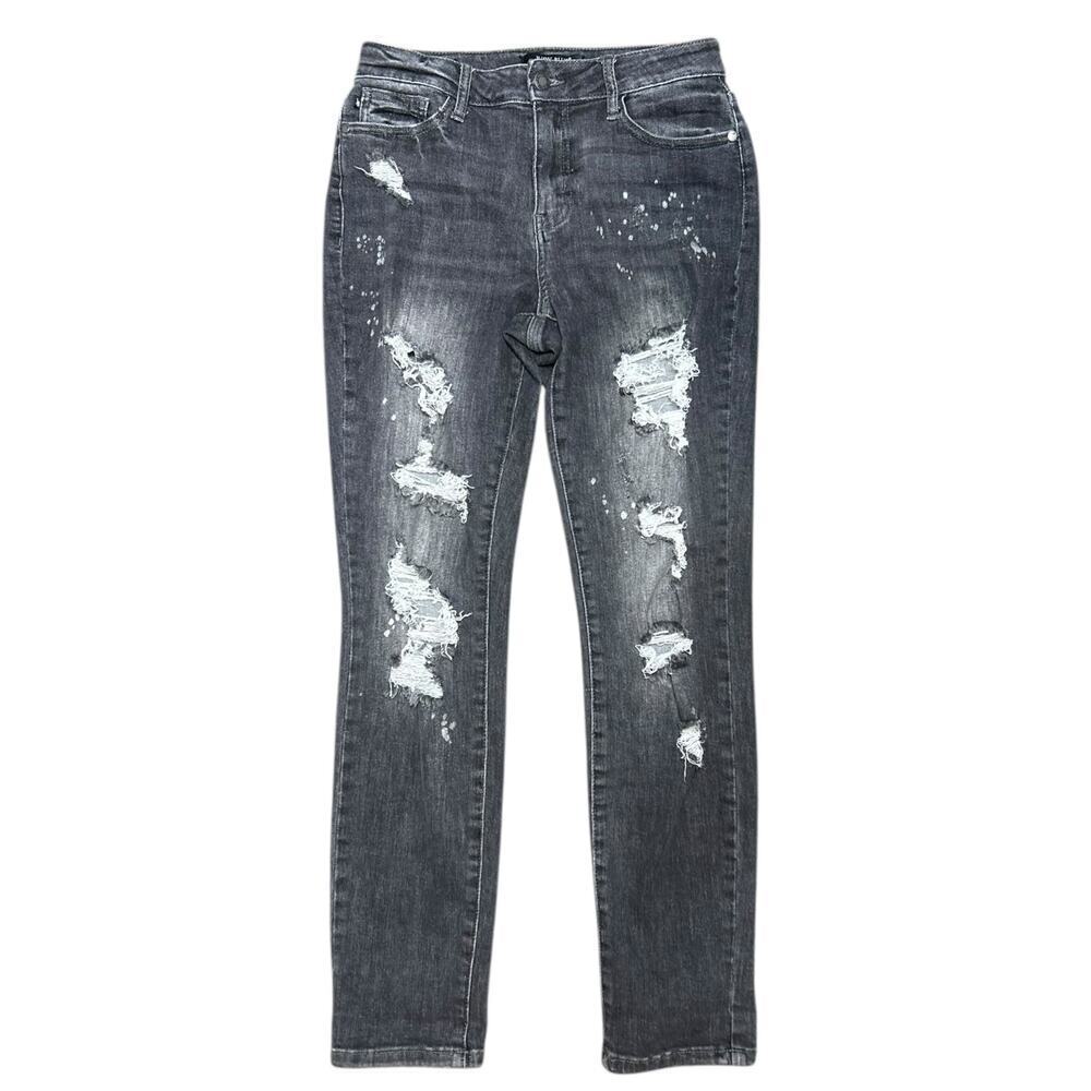 Judy Blue Boyfriend Fit Black Gray Distressed Jeans Stretch Mid Rise Denim 7/28 - Picture 2 of 8